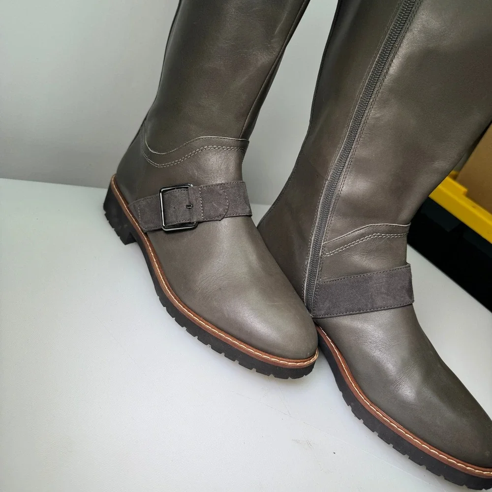 New Franco‎ Sarto Cutler Tall Riding Boots Womens 10M Grey Leather Buckle Knee